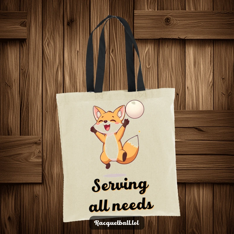 Funny fox tote bag showing a happy fox leaping high to strike a floating ball, perfect for carrying essentials with playful style.