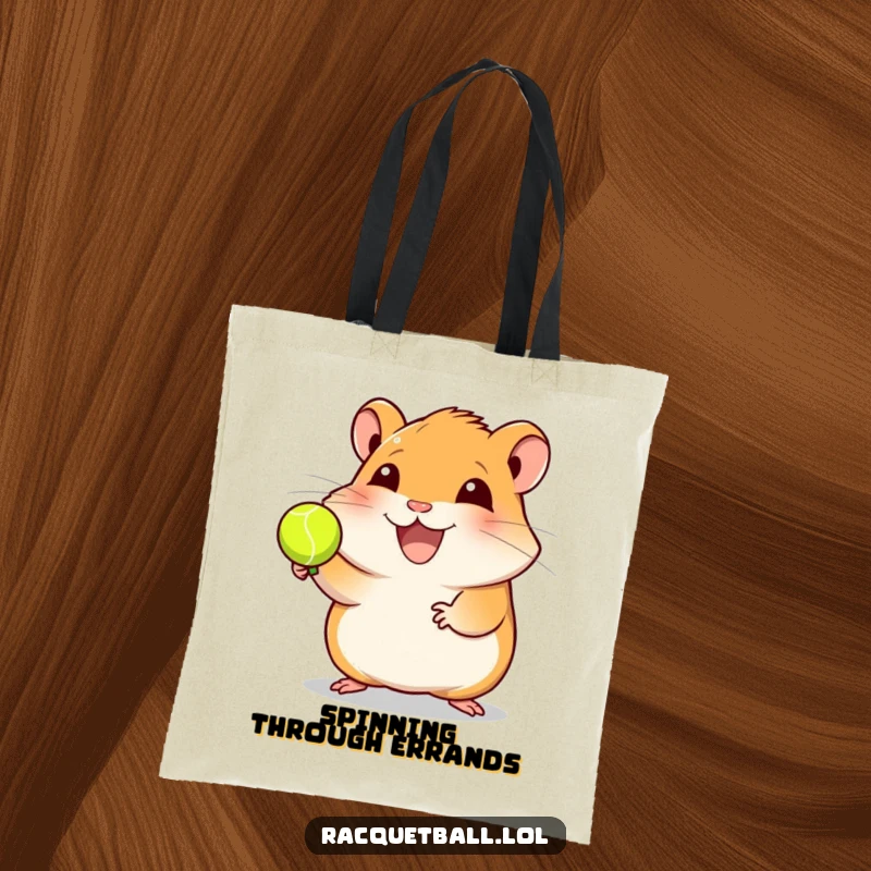 Funny hamster racquetball tote bag featuring a joyful hamster spinning a ball, perfect for carrying sports gear or daily items with a humorous twist, a great gift.