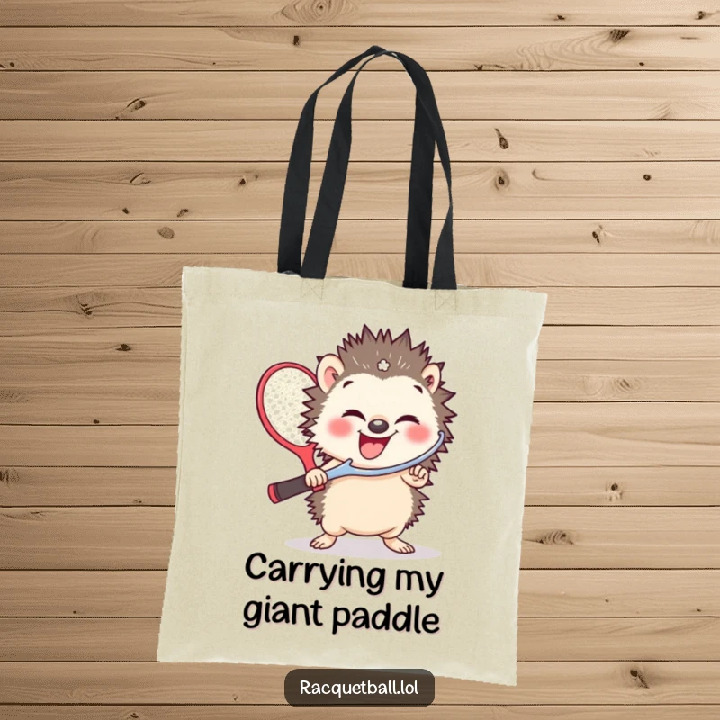 Funny tote bag with a small, giggling hedgehog wielding a comically oversized racquetball paddle, ready for playful escapades.