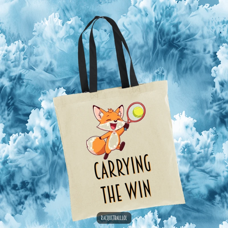 Funny tote bag, a cheerful fox leaping to hit a racquetball mid-air, showcasing energetic fun.