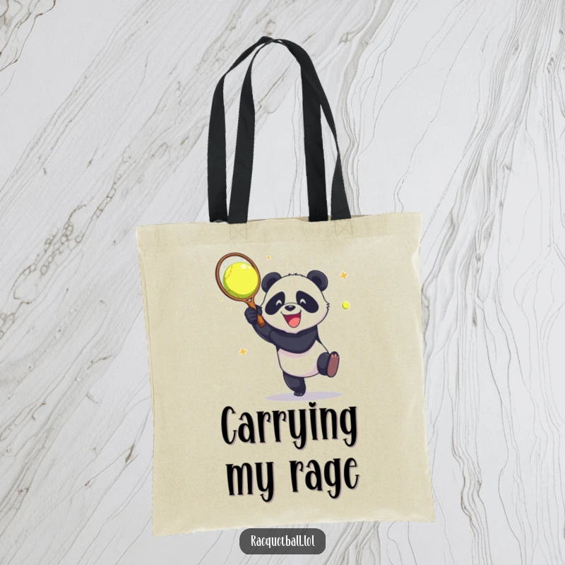 Funny Tote Bag: A panda aggressively demolishes a racquetball against a wall, showcasing its gleeful and destructive energy for carrying items.