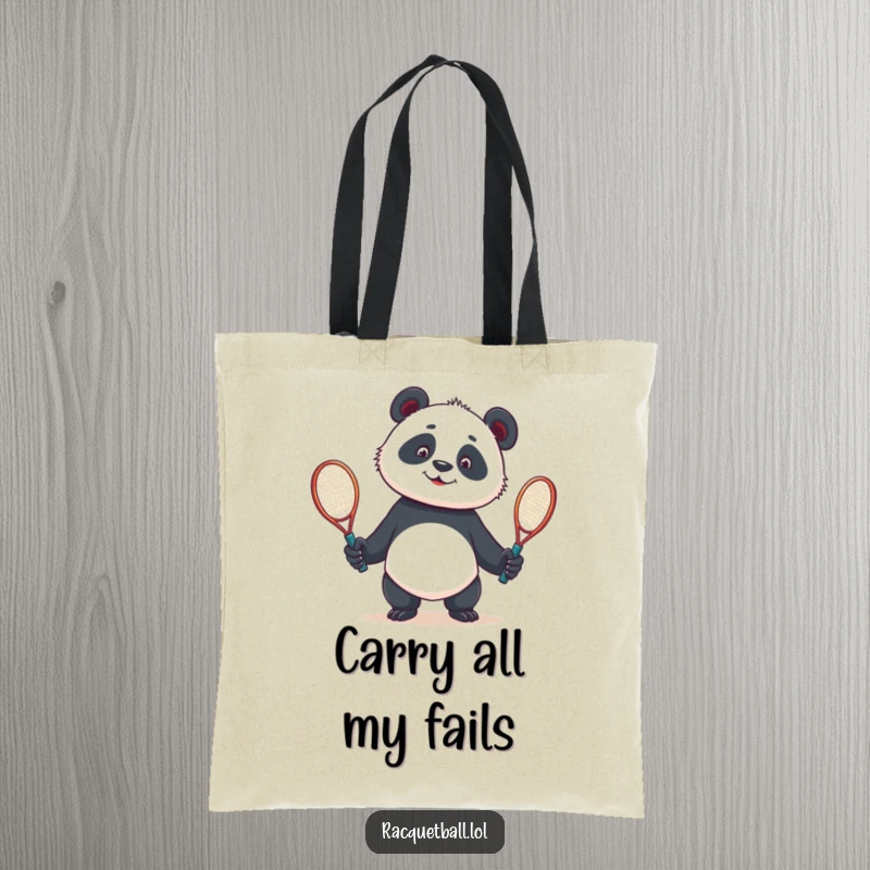 Funny tote bag illustrating a curious panda comically struggling to juggle two tennis racquets, perfect for everyday use.