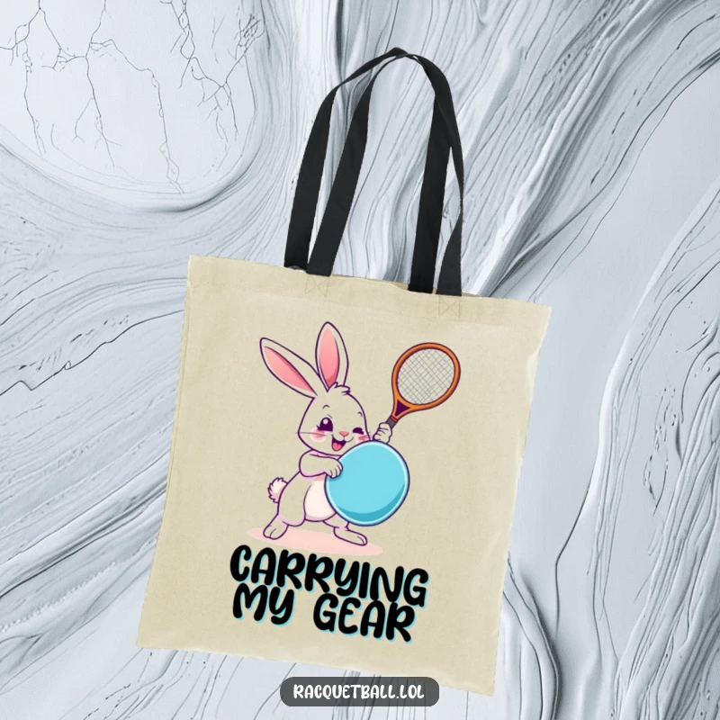 Funny Rabbit Tote Bag: A humorous illustration of a rabbit swinging a racquetboard, perfect for carrying groceries or gym gear.
