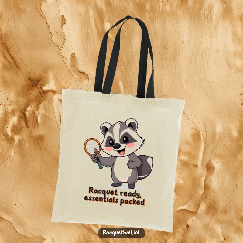 Funny badger tote bag featuring a cheerful badger giving a thumbs up and holding a tennis racquet. Practical and humorous accessory.