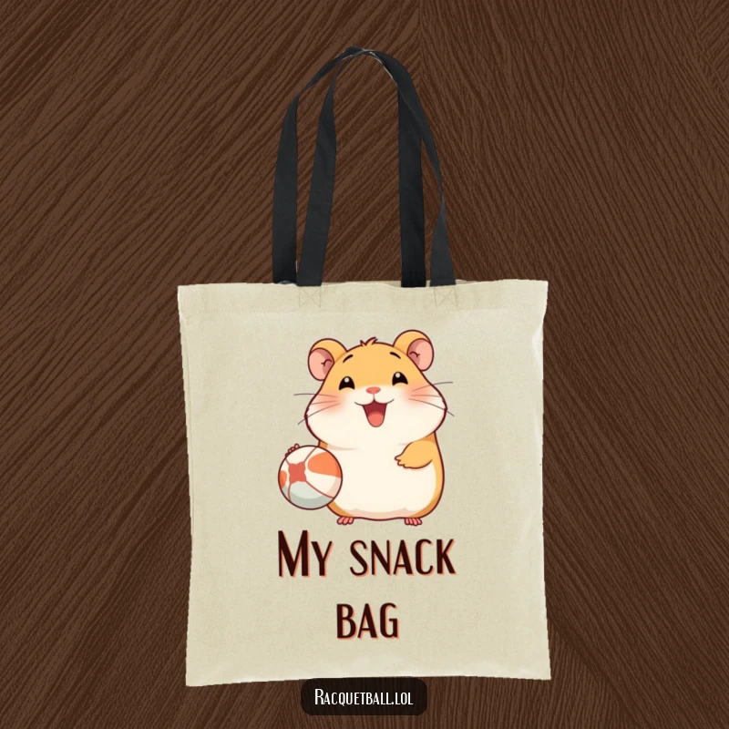 Funny Hamster Tote Bag: A charming tote bag featuring a happy hamster with a big smile, serving a ball, perfect for everyday use.