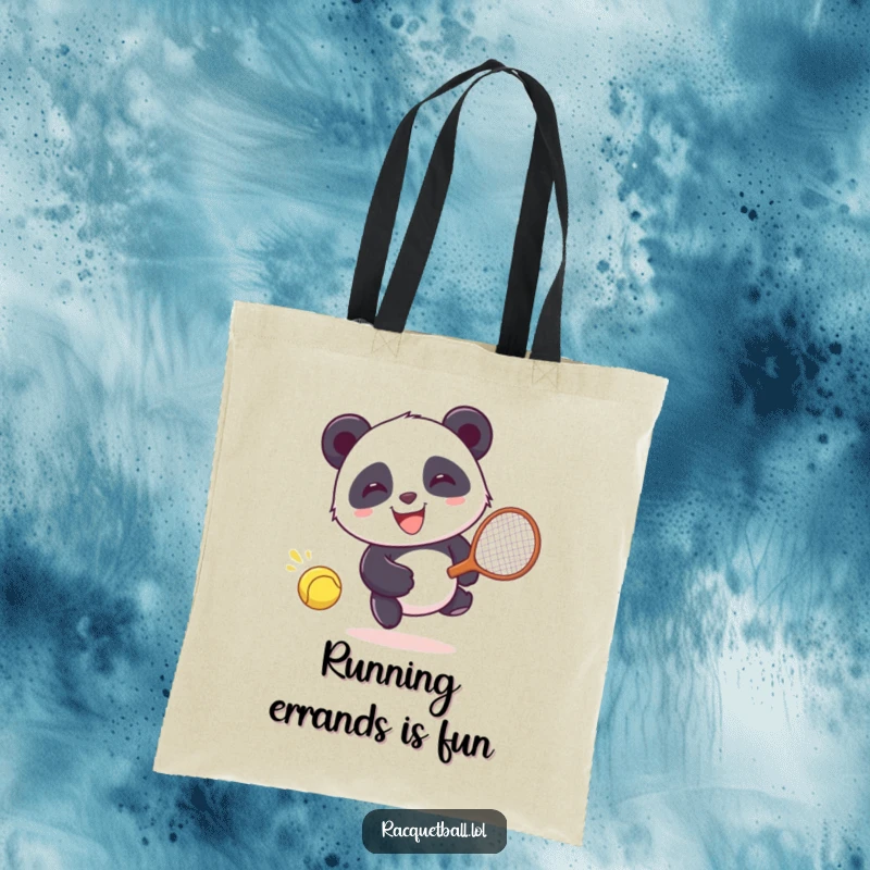 Funny Tote Bag: Giggling panda character joyfully chasing a runaway racquetball, a humorous and practical carry-all.